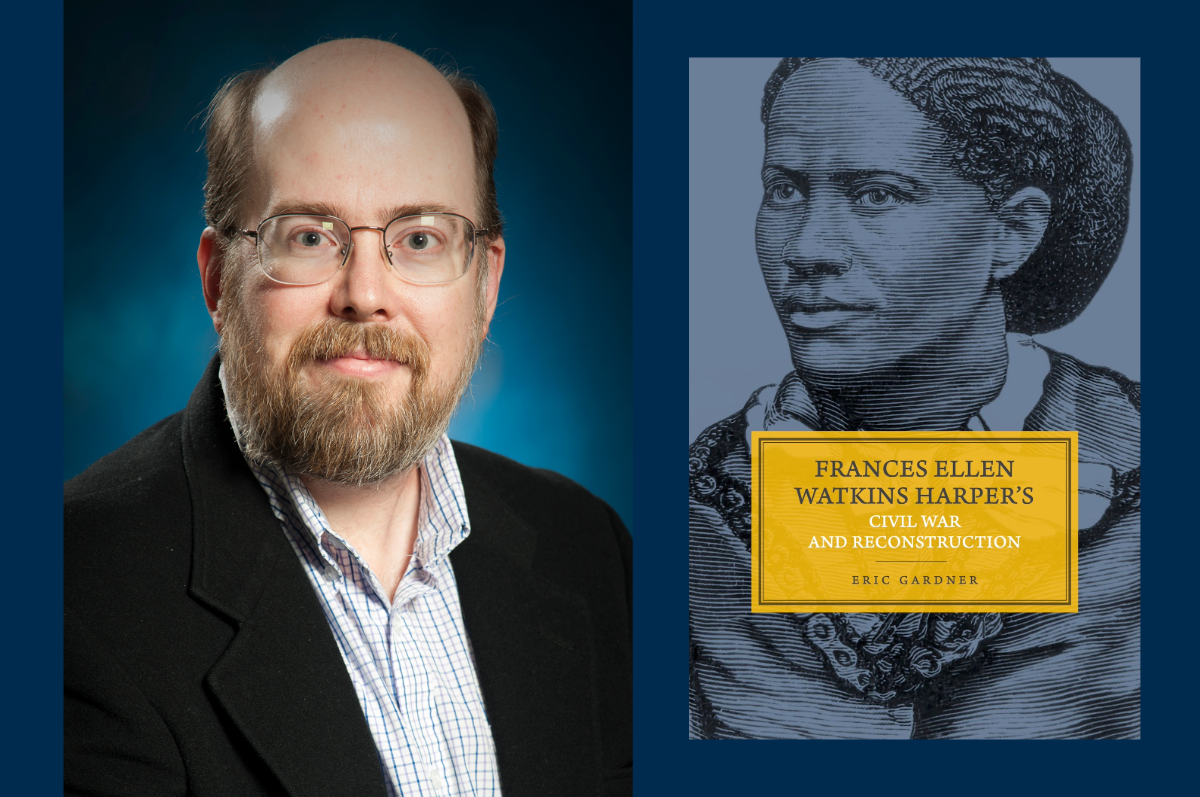 Portrait of Man with beard beside image of book cover